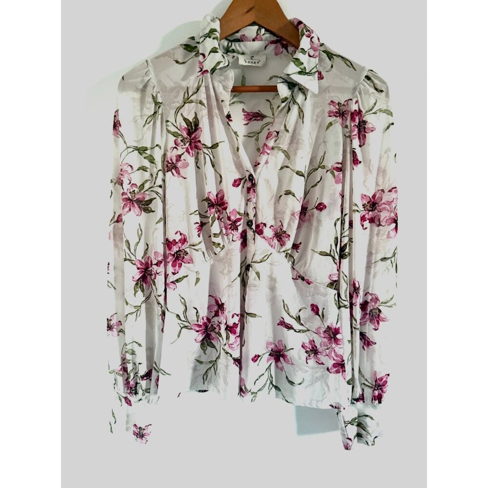 Sheer Delicate Floral L Button Blouse Puff Sleeves Cinched Waist Ethereal Fairy